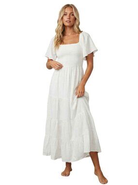 In Loom White Smocked Flutter Sleeve Tiered Maxi Dress Size Large 39601